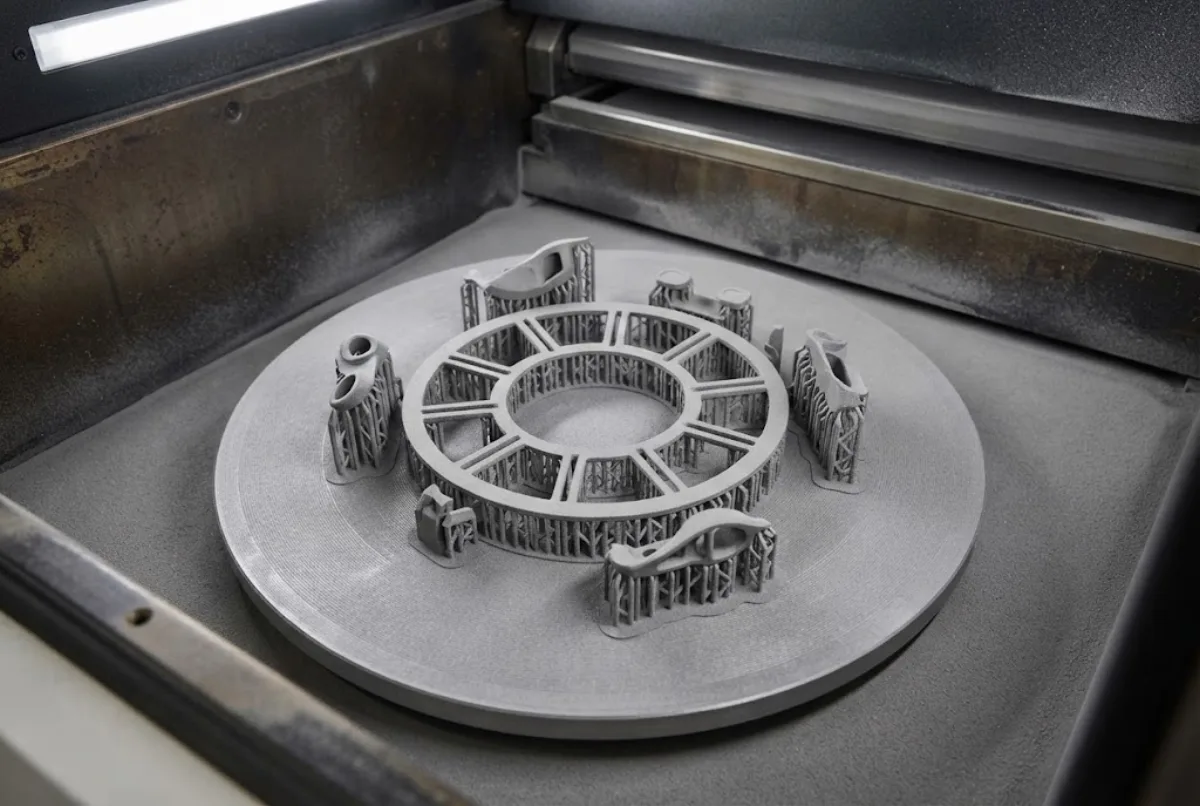 Платформа построения с деталями в камере металлического 3D-принтера СЛП